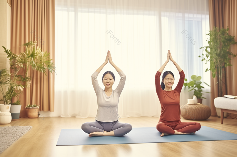 双人女性室内瑜伽运动健身热身养生实拍摄影,高清,摄影图,摄影图片,图片大全,摄影图免费下载